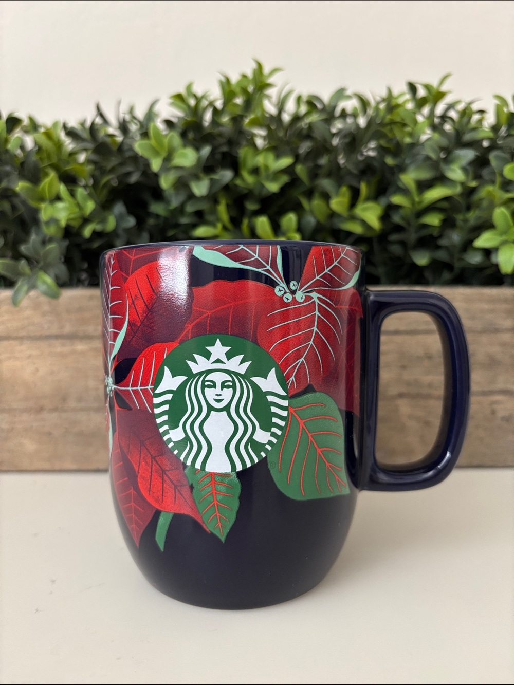 Starbucks Red, Green and Navy Poinsettia Ceramic Mug